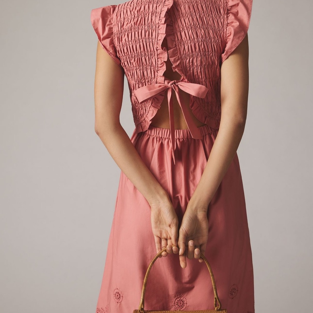 Pink Smocked Midi Dress with Embroidered Hem - Picture 2 of 2